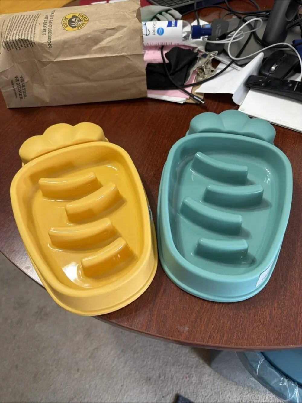 Slow Feeder Dog/Cat Bowls Fun Carrot Shape - Blue/Yellow - Set of 2 - NWOT